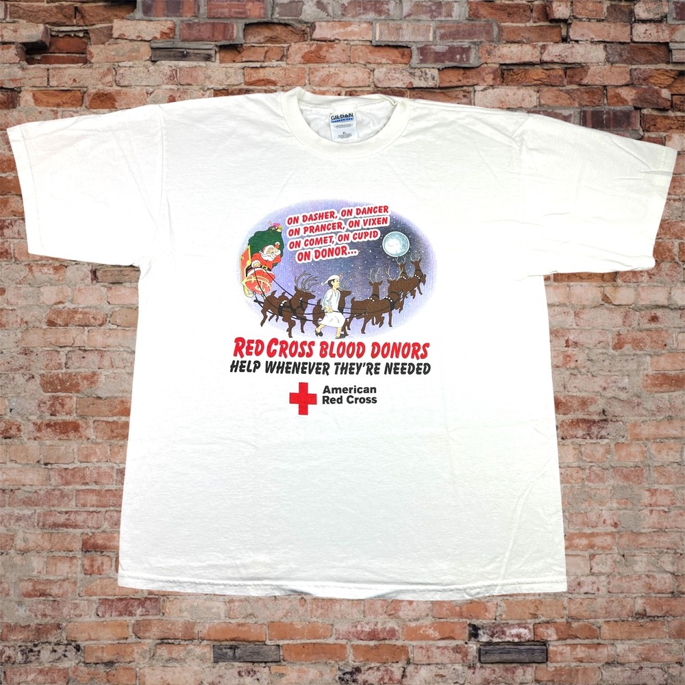 Vintage‎ 90s Red Cross Blood Donors Christmas T Shirt Men's XL Santa White Rare